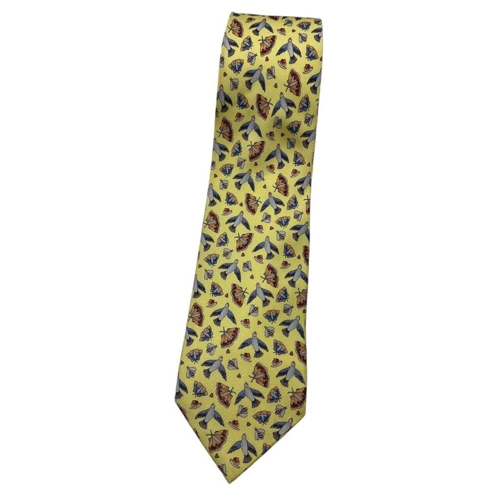 LEONARD Men's 100% Silk Necktie LUXURY Tie Yellow Bird Bee Butterfly W:3.7" EUC